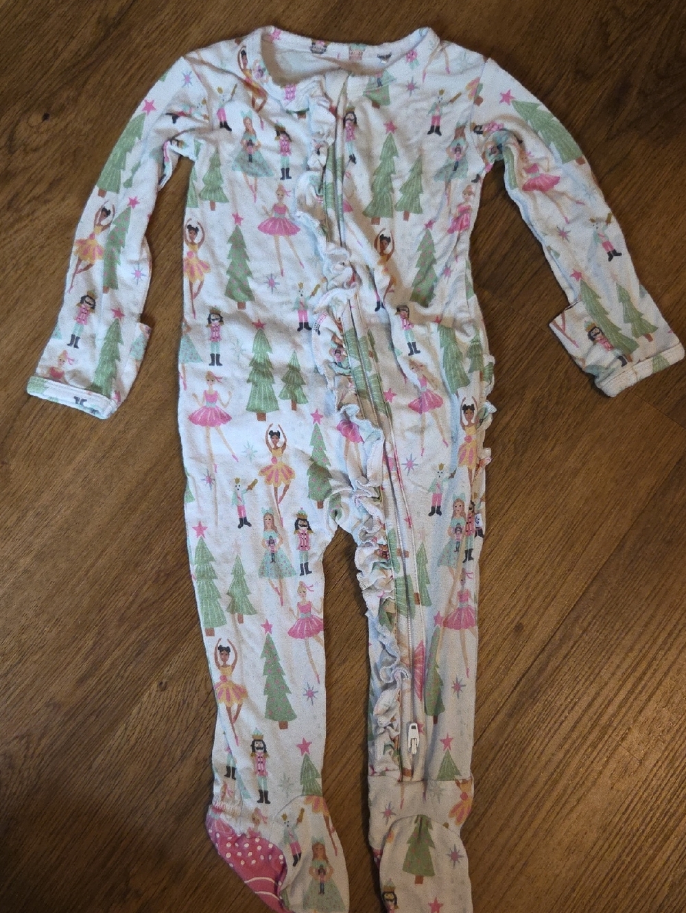 Girls Pink Ballet & Tree Print Footed One-Piece Pajamas
